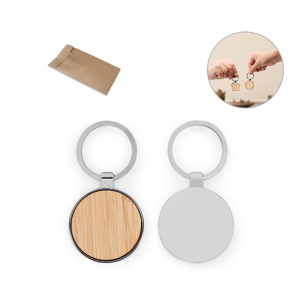 Round iron keychain in zinc and bamboo - Egotier 95119