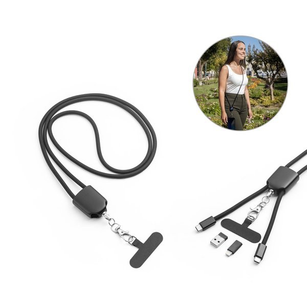 Lanyard with included smartphone holder, USB-C cable and various adapters in recycled ABS and recycled TPE - Egotier 97194